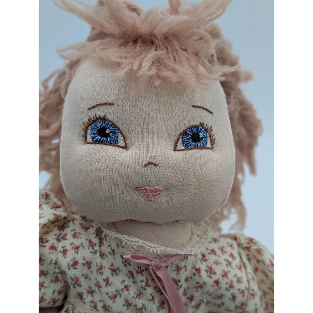 Handmade Cloth Rag Doll 16” Yarn Hair Floral Dress Pink Pants Embroidered...
